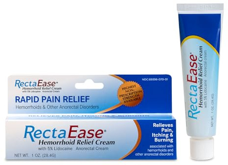 RectaEase 5% Lidocaine Hemorrhoid Topical Relief Cream, Rapid Numbing for Itching & Burning, Extra Strength Anorectal Treatment for Sensitive Areas, Advanced Formula for Fast Soothing Care, 1 oz Tube