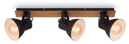 Briloner Leuchten Deckenlampe retro mit Holzbalken, 3-flammige Deckenleuchte vintage, E27 Fassung max. 40 Watt, verstellbare Lampenschirme, rustikaler Deckenspot, Schwarz-Weiß-Holz