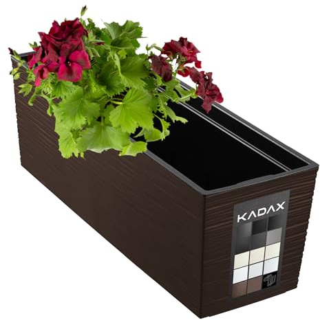 KADAX Blumenkasten 18,5x56 cm, Ritzmuster, Mokka, mit Einsatz – wetterfester rechteckiger Pflanzkasten für Balkon und Outdoor