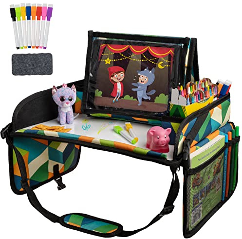 Lusso Gear Reisetisch Auto Kinder mit Schreibtafel | Unverzichtbare Reisebegleiter |Knietablett Kinder Auto |Tablet-Halter |Getränkehalter |Spielzeugaufbewahrung |Flugzeug und Autositze (Geometrisch)