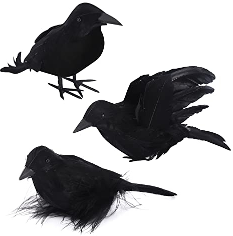 3 Piezas Cuervos de Halloween Cuervos artificiales con Plumas Decoraciones de Pájaros Cuervos Realistas Espeluznante Negro Cuervo Pájaros de Plumas para Halloween Fiesta Prop Interior Exterior Hogar
