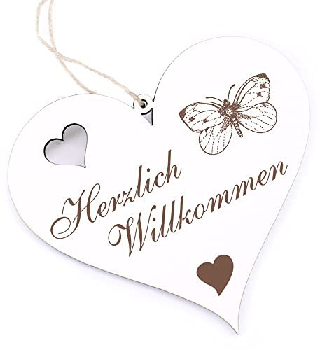 Herzlich Willkommen Schild - Schmetterling - Deko Herz Holz Willkommensschild Türschild Dekoschild Türdeko