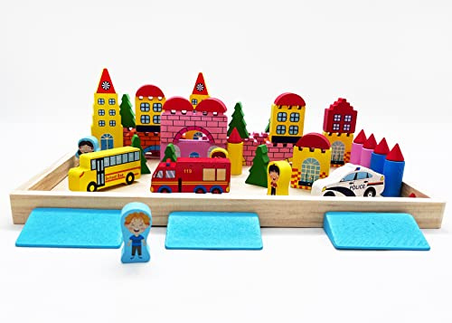Flex Montessori Wooden Building Blocks Kids Ages 3-6 Educational Stacking & Construction Colourful Wooden Shape Sorting Toy School Police Fire Station Building Kit Birthday Boys Girls