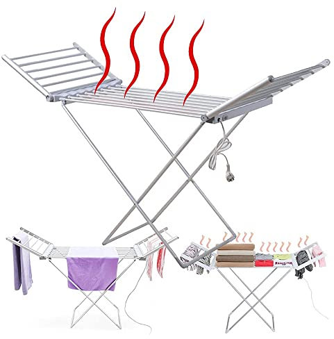 ERUSO Etendoir Linge Electrique Chauffant, Sechoir A Linge Pliable avec Ailes, Alliage D'aluminium Seche Linge Etendoir pour Intérieur Extérieur, Gris