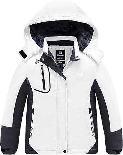 Wantdo Flickor berg skidjacka varm vinter fleece rockar vattentät andas regnrockar utomhus huvor jackor, Beige, 116/122 cm