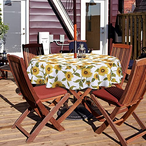 Qucover Tovaglia rotonda con foro per ombrellone, 150 cm, con cerniera, per tavolo da giardino, barbecue, riunioni di famiglia, feste primaverili ed estate, Design a girasole