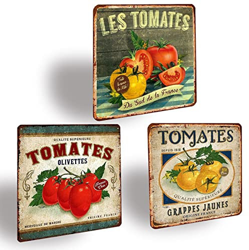 XIAOMA Lot de 3 Plaque Métal Vintage Tomates – Cadeau pour la Cuisine Restaurant Maison,Rétro Étain Signe Tableau Cuisine Decoration Murale Fruits Français Poster Métallique 30,5x30,5cm