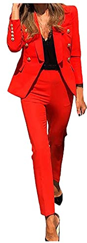 Womens 2 Piece Outfit - Solid Open Front Blazer and Pencil Pant Suits Set - Double Breasted Notch Lapel Elegant Women's Business Office Suit SetsWork Blazer Pants Red