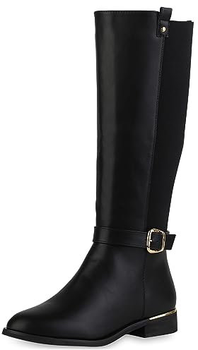 VAN HILL Damen Reiterstiefel Blockabsatz Schnallen Trendy Schuhe 840544 213097 Schwarz 38
