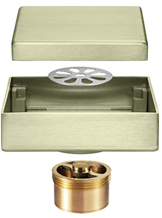 Dusch-Bodenablauf, 10 x 10 cm, quadratischer Edelstahl-Bodenablauf, Dusch-Haarablauf-Auffangbehälter, Bodenablauf für Badezimmer, Küche, Garage, gebürstet (gebürstetes Gold)