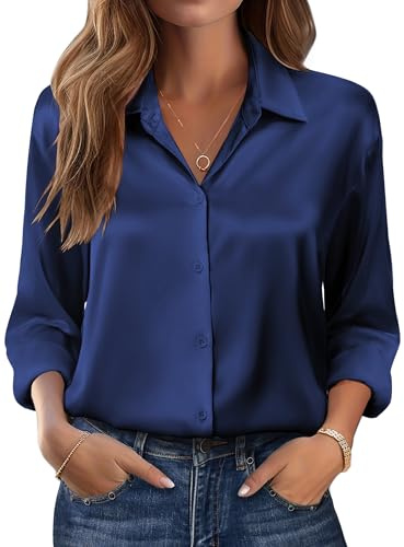 Zeagoo Camicia da Donna in Satin con Scollo a V, Maniche Lunghe, Elegante, Camicetta in Satin, Casual, Manica Lunga, Camicia da Lavoro, Blu mare, S