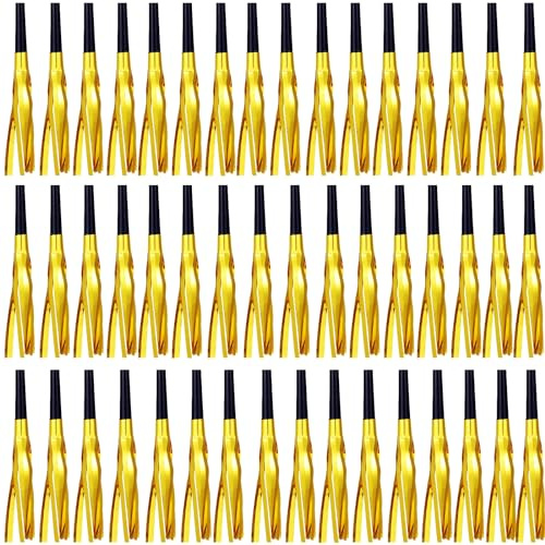 LCPQMZGH 48 Pcs Gold Noise Makers Glitter Metallic Fringed Noise Makers Horns for Baby Shower, Kids Birthday, Wedding Party, New Year Party Favor