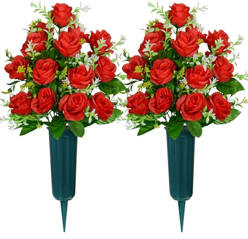 AOFOX Fiori artificiali del cimitero con vaso, fiori di pietra funebre Mazzo di rosa, fiori commemorativi del cimitero per gli arrangiamenti della tomba Set di 2 (Rosso)