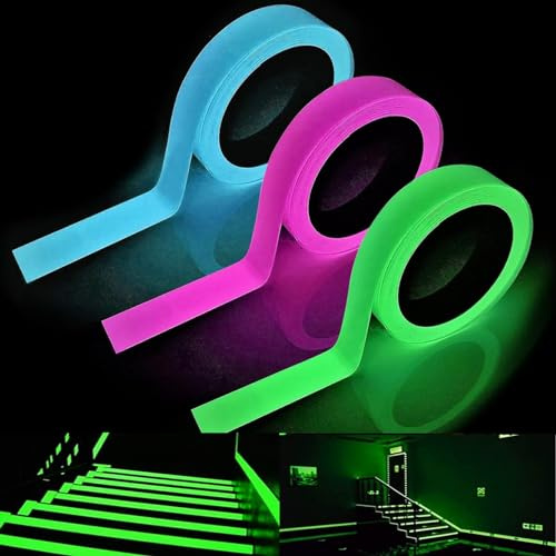 3 Pièces Bande Fluorescente Autocollante, Scotch Fluorescent, Ruban Autocollant Fluorescent, Bande Fluorescente, Ruban Adhésif Lumineux, pour Escaliers, Murs, Marches et Panneaux de Sortie