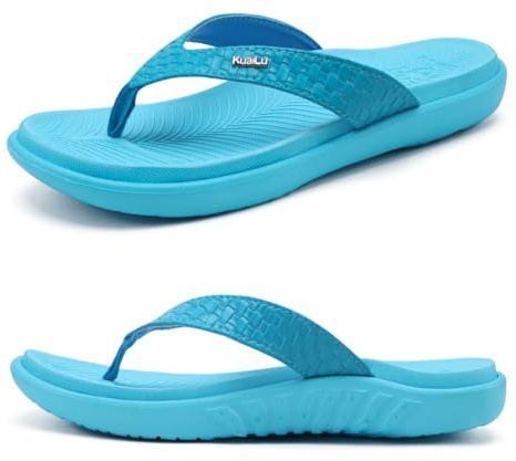 KuaiLu Flip Flops damer läder tåseparator med bågestöd för sommar strand kvinnor bekväm yoga matta tanga sandaler för plantar fasciit, blå, 39 EU