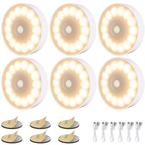 Electight 6 Pièce Veilleuse à Induction, Veilleuse Détecteur de Mouvement | Rechargeable par USB, Adsorption Magnétique, pour Armoires, Chambres, Escaliers, Cuisines, Jaune Chaud