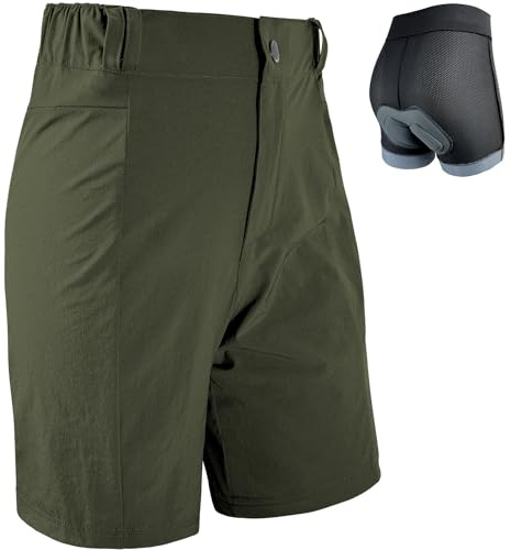 Wulibike Radlerhose Damen Mountainbike-Radhose 2 in 1 gepolstert MTB Shorts Frauen Fahrradhose mit Polsterung Reiten Fahrrad Radfahrhose Reißverschlusstaschen Olivgrün L