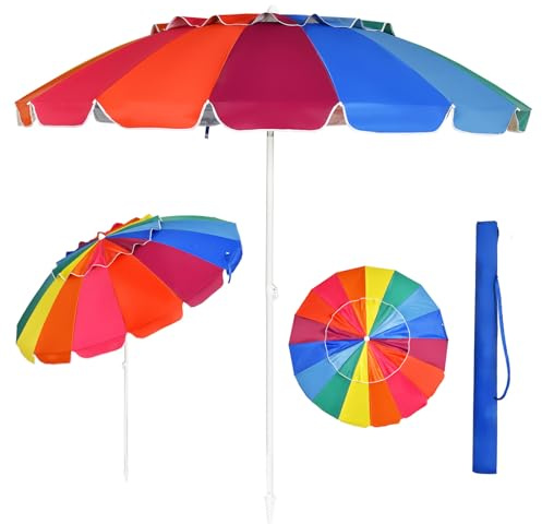 RELAX4LIFE Sonnenschirm Strand, Strandschirm Windfest Stabil, 30° knickbar, Rund Gartenschirm 245 cm, Terrassenschirm mit Bodenhülse & Schutzhülle, Marktschirm Sonnenschutz (Bunt)