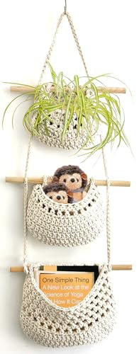 AARAINBOW Wall Hanging Cotton Baskets, Large 3 Tier Decorative Hanging Baskets for Wall Door, Nursery Wall Basket Boho Kitchen Decor Basket for Hanging Fruit Vegetable (A-White)