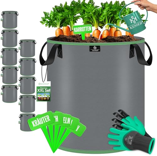 KESSER® Pflanzsack 27 Liter - 10er Set | Pflanzsäcke aus Vlies-Stoff inkl. Schildchen & Gartenhandschuhe | Kartoffel-Pflanztasche mit Fenster & Griffen | Pflanzbeutel für Gemüse Blumen Früchte Grau