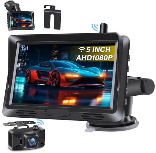 Stabiles Signal Rückfahrkamera Kabellos AHD 1080P Drahtlose Rückfahrkamera Auto mit 5 Zoll Monitor mit Rückfahrkamera Funk Kein Bohren DIY Hilfslinie Einfache Installation für DC 12V Auto SUV LKW