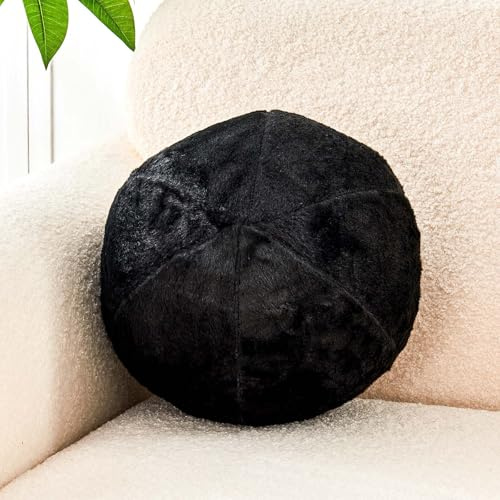 Uvvyui Black Ball Pillow, 11.8 Cute Round Throw Pillow Faux Rabbit Fur Room Decorative Throw Pillow, Ball Shaped Pillow Plush Cushion for Couch, Sofa, Bedroom