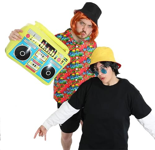 Superstar DJ Duo Costume – XL – Camicia hawaiana rossa, parrucca zenzero, cappello da pescatore nero, parrucca nera, cappello da pescatore giallo, occhiali rotondi blu, boombox gonfiabile, costume per