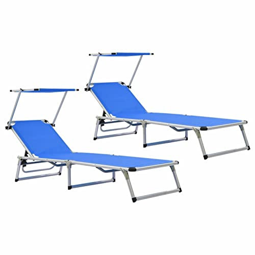 Sufrk Klappbare Sonnenliegen mit Dach 2 STK. Aluminium Textilene Blau Klappbar Saunaliege Outdoor Badeliege Klappbar Leicht