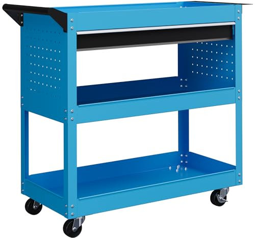 DURHAND Carrello Porta Attrezzi con Manico e Scheda Laterale, Cassetto e 3 Ripiani, Carrello Officina Porta Utensili con 4 Ruote(2 con Freno) in Lamiera di Acciaio per Garage, 82x35x76 cm, Blu