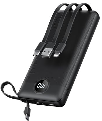 VRURC Batterie Externe Câble intégré 10000mAh Power Bank USB C 5 Sorties Ultra Mince Batterie Portable avec l’Ecran LED pour iPhone Huawei Samsung (Noir)
