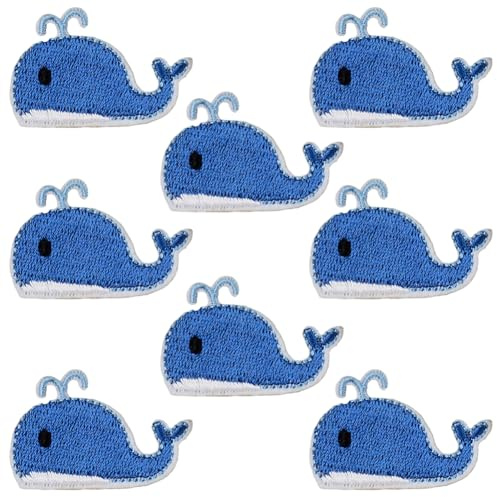 CABODYALS 10 Stück Blauer Bestickter Aufnäher In Walform Mit Meeresmotiv Cartoon Ozean Tier Zum Aufnähen Süßer Fisch Zum Aufbügeln Reparatur Applikationen Emblem Großpackung Zum Nähen Basteln Kleidung