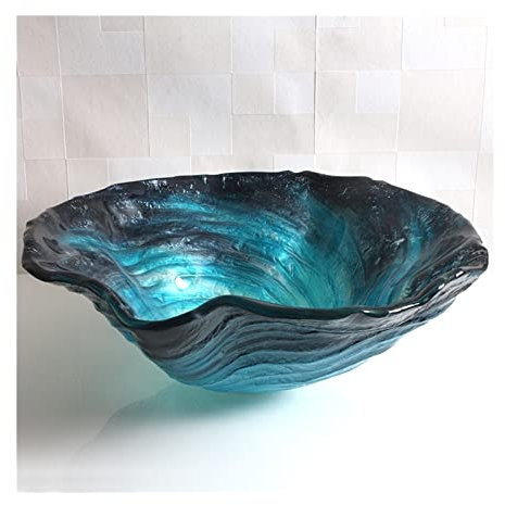 ABBNIA Badezimmerwaschbecken, Badezimmer-Glaswaschbecken, Waschbecken, blau mit schwarzer Garderobentheke, geriffelte Wellen-Blumenschale, Aufsatzwaschbecken, Badezimm