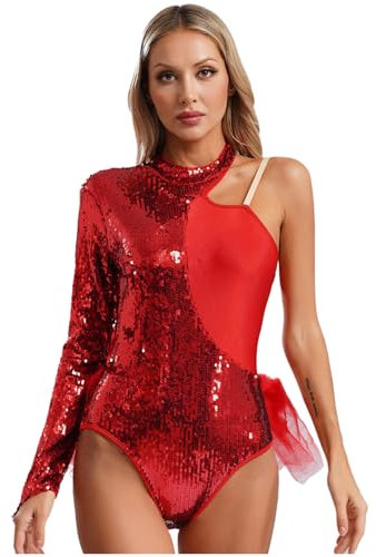 Agoky Damen Pailletten Ballettanzug ärmellos/Langarm Body Rollkragen Top Bodysuit Ballett Trikot mit Rüschen Rock Eiskunstlauf Kostüm Rot S