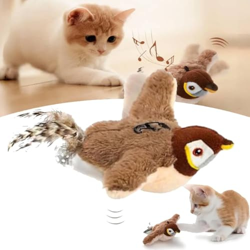 Interaktives Katzenspielzeug mit Fliegender Vogel - Elektrisch mit Katzenminze und Vogelruf, Wiederaufladbar, 3 Vibrationsmodi (Spatz)