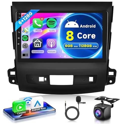 6G+128G 8-kärnig trådlös Carplay Android bilradio för Mitsubishi Outlander 2/Peugeot 4007/Citroen C-Crosser 9-tums bilradio med Android Auto Navigation GPS WIFI Mirror Link Bluetooth FM/RDS Backkamera