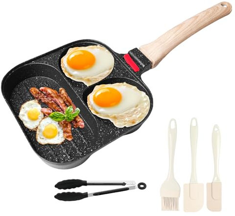WANDGU Padella per uova a 3 scomparti: padella per uova al forno, padella antiaderente in alluminio, padella per uova e pancake con rivestimento antiaderente, padella per colazione a induzione