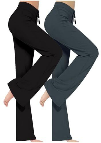 ZWDC 2er Pack Yogahose Damen Schlaghose Baumwolle Activewear Hosen High Waist Yoga Pants Bootcut Jeans Stretch Flared Stoffhose Flare Leggings Haushose Weites Bein Jazzpants Lang