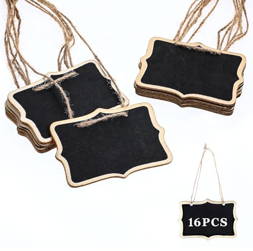 XLIUAX 16 Stück Klein Kreidetafel zum Aufhängen, Mini Tafelschilder, Holz Kleine Doppelseitige Tafeln mit Schnur für Partybuffet, Nachrichtentafel Hochzeiten, Basteln, 8,5×6cm