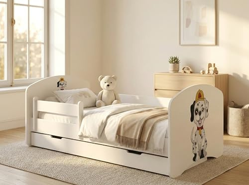 Happy Babies Kinderbett - mit Rausfallschutz Junge 140x70 Bett für Kinderzimmer mit Schublade & Matratze Einzelbett für Kinder Weiß - Hunde Police (Helle Birne, 160x80)