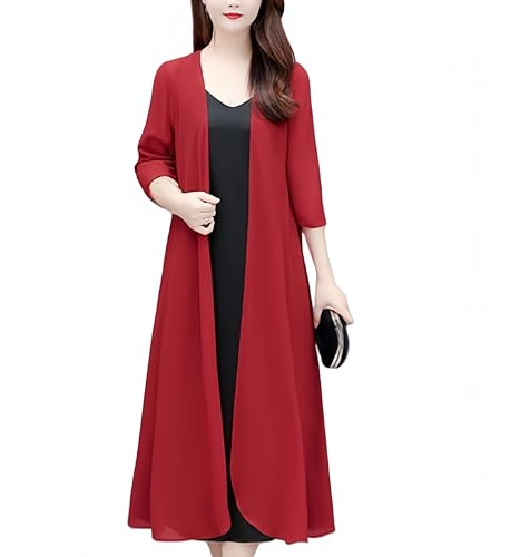 Cardigan Damen,Lange Chiffon Cardigans Langärmelig Vorne Offen Dünn für Den Sommer Leicht Transparent Schal Bolero Lockerer Kaftan Boho Geräumiger Kimono Strand Bikini Überzug Kleider Weinrot Xxl