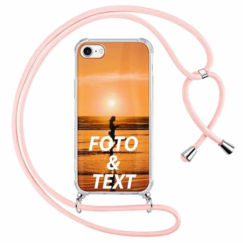 Xylota Personalisierte Handykette Handyhülle für iPhone 7/8/SE 2022/SE 2020 mit Band, Personalisiert Hülle mit Selbst Bild Text Foto, Individuelle Design Rosa Silikon Schutzhülle für iPhone 8 4,7''