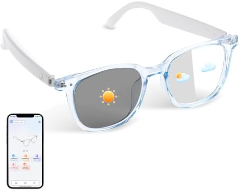 Lunettes intelligentes Bluetooth pour femme - Lunettes de traduction IA - Prise en charge de plus de 110 langues - Microphone intégré - Verres à changement de couleur - Cadre bleu avec protection UV