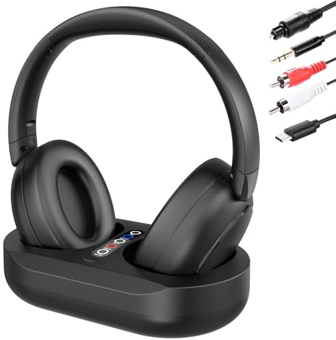 Boannice Cuffie Bluetooth per TV con Base di Ricarica e Trasmettitore 2.4G, 50 Ore di Autonomia/27ms di Ritardo Ultra Basso, Ingressi Fibra Ottica/RCA/AUX/Type-C, Ausilio Acustico per Anziani