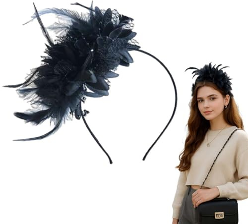 JRYXDS Feder Haarreif Mit Künstlichen Blumen, Retro-Haarreif, 1920Er Fascinator Kopfschmuck Für Damen, Schwarz Feder 20Er Jahre Stirnband Für Karneval Cocktail Hochzeit Tee-Party Accessoires