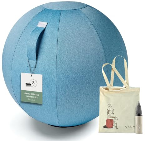 VLUV® BOL NEW LEIV Sitzball Büro ergonomisch - Gymnastikball mit waschbarem Stoffbezug, atmungsaktiv, Tragegriff und Wegrollschutz - für Schwangerschaft und Home Office - Hellblau - 60cm bis 65cm