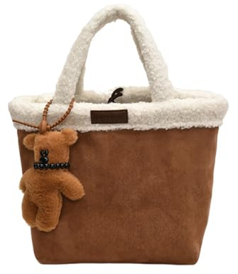 CORIOS Sac à Main pour Femme Tote en Daim Doux et Laine d'agneau Sac de Poignet Sac Seau avec Pendentif Ours Mignon Grande Capacité Sac Fourre-Tout pour Bureau Voyage Travail Marron