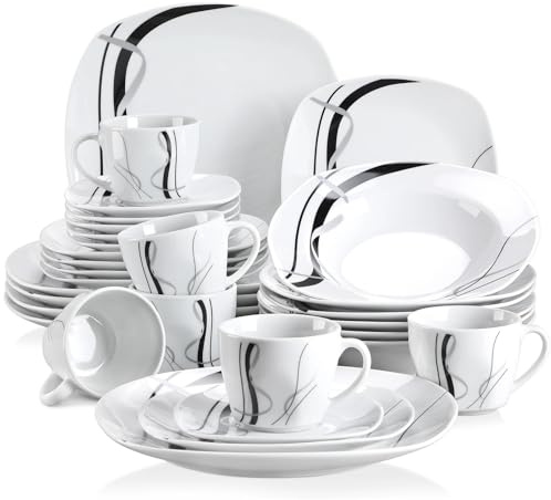 Juego de vajilla porcelana y cerámica líneas negras 30/60 piezas con platos postre, hondos, llanos, tazas platillos Vajilla de cerámica(30-PIECE)