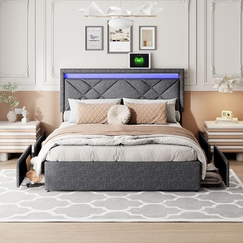 BRYXR Doppelbett 160x200 cm, Polsterbett mit USB Ladefunktion und LED-Kopfteil, Bett mit 4 Schubladen, Verstellbar Kopfteil, Stauraumbetten, Funktionsbett, Leinenstoff, Ohne Matratze, Dunkelgrau