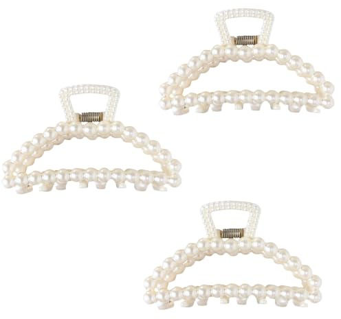 3 pinzas para el pelo de perlas grandes blancas para cabello grueso, pinzas grandes para el cabello para niñas, pinzas de garra de perlas sintéticas, pinzas de pelo neutrales, accesorios de pelo de