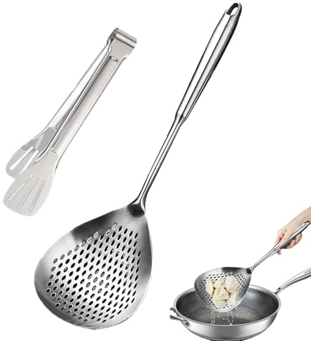 Cucchiaio Schiumatrice In Acciaio Inox - Mestolo Scanalato 35 Cm, Colino Da Cucina Ergonomico | Friggere Con Clip Per Cucinare A Casa, Utensile Da Chef Professionale, Facile Da Maneggiare Accessori Da